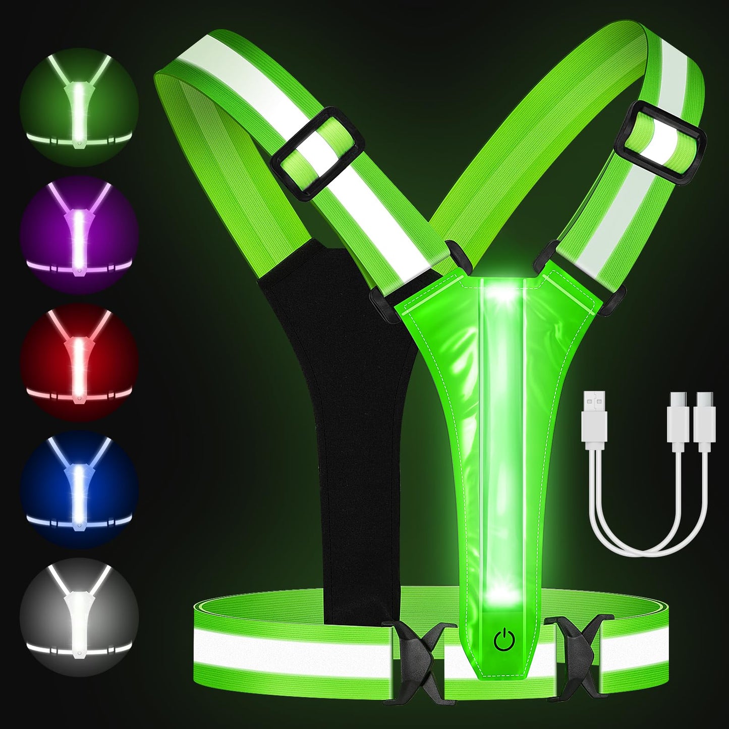 Cabbqiu LED Reflective Running Vest - Light Up Running Vest with 3 Light Mode & 5 Colors, Reflective Vest & Running Lights for Runners, Rechargeable Night Running Gear - Reflective Belt Safety Vest