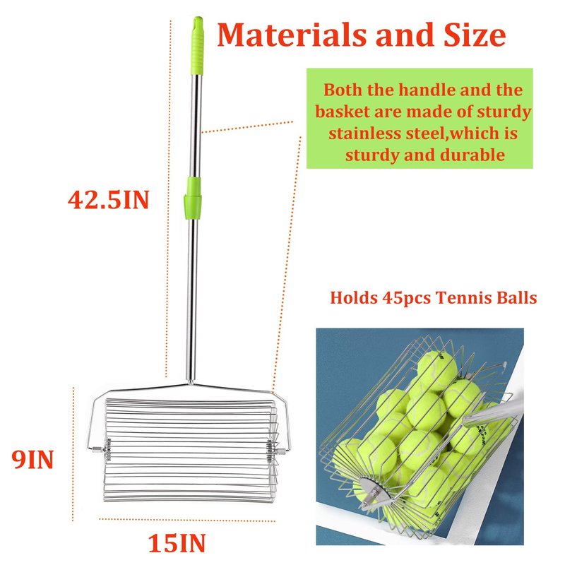 WIGERLON Tennis Ball Collector,Tennis Picker Upper for Coaches and Training Sessions,Stainless Steel Tennis Ball Retriever Holds 50 Balls