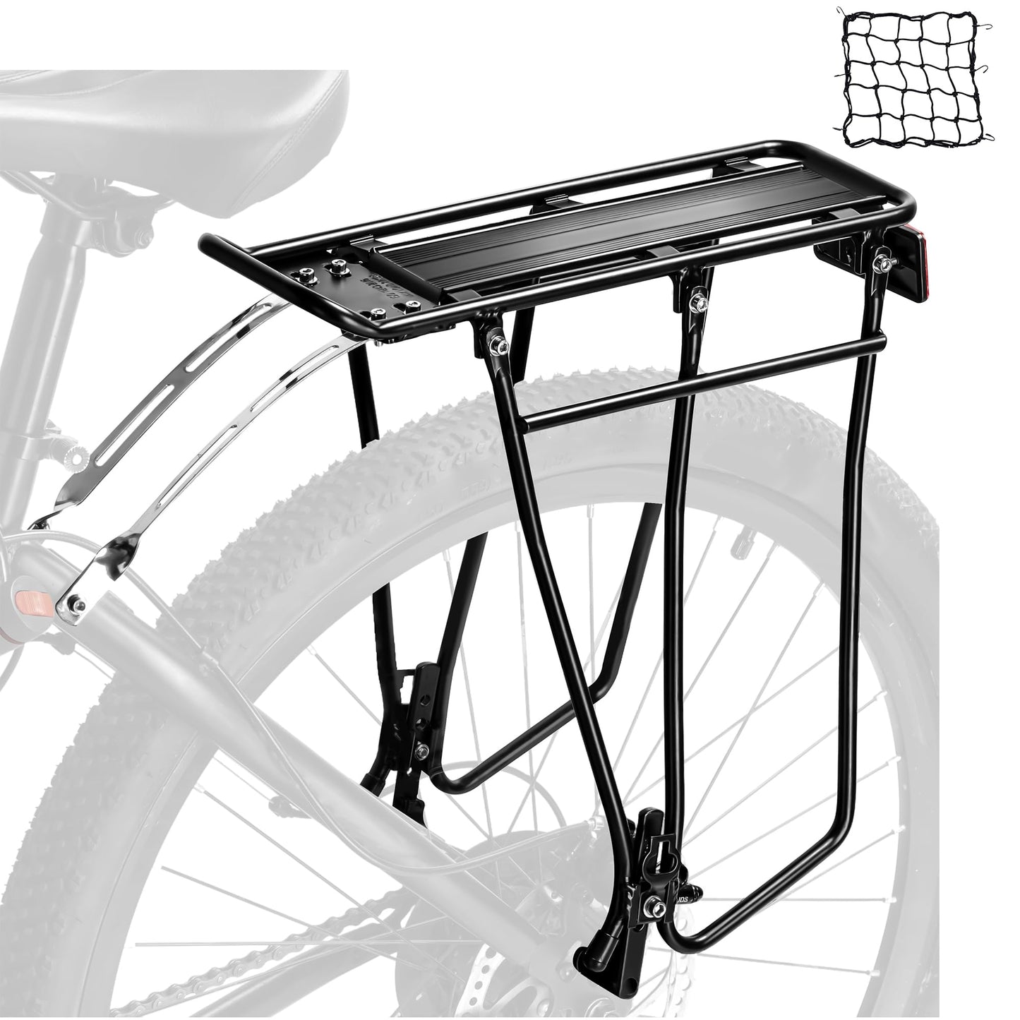 YONTUO Rear Bike Rack with Extra Long Shelf's Arms,Universal Bike Cargo Rack,Bicycle Pannier Rack with Reflector and Cargo Net,Touring Carrier Rack fit 26”-29” and 700c,BCR03