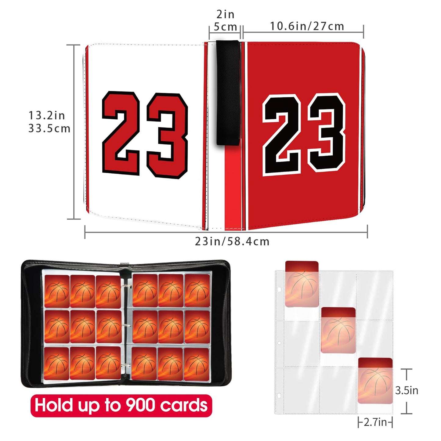 Basketball Card Binder, 900 Pockets Chicago Basketball Card Holder for 2024 Trading Cards with 50 Removable Sleeves, 9 Pocket Zipper 3 Ring Folder Album Book Collection Organizer Storage Protectors