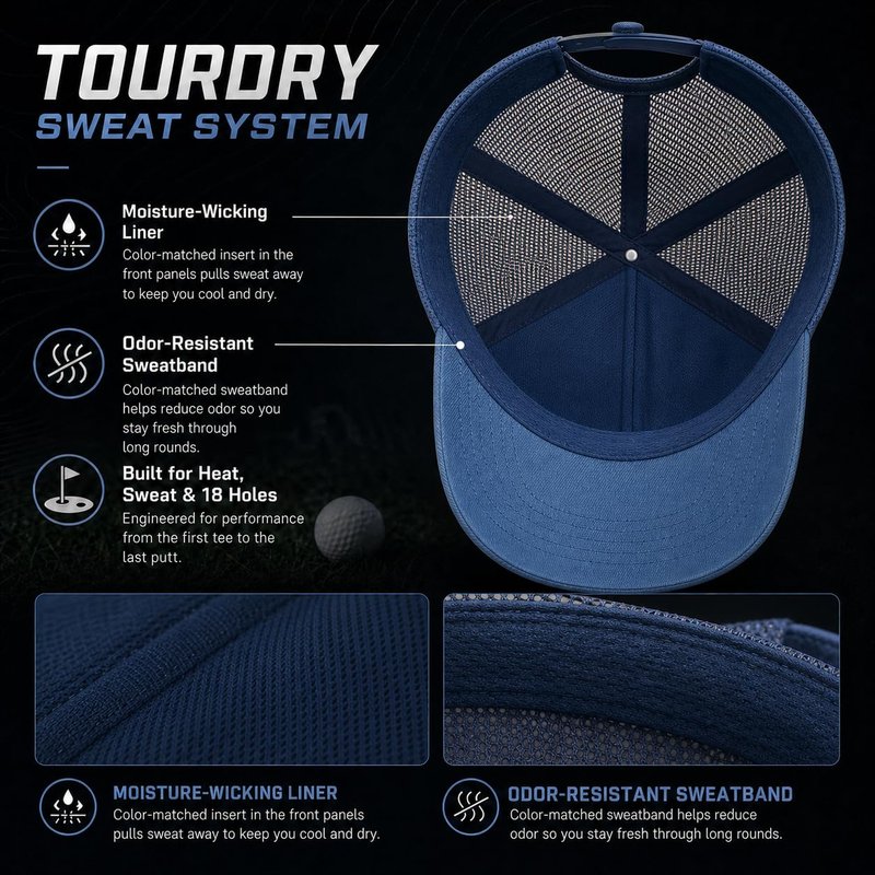 Premium Golf I Gym I Boat I Hiking I Tennis I Bike Hat – TourDry Sweat System, Odor-Resistant Sweatband, Moisture-Wicking Liner, Structured 6-Panel Design, One Size Fits All- Dark Blue