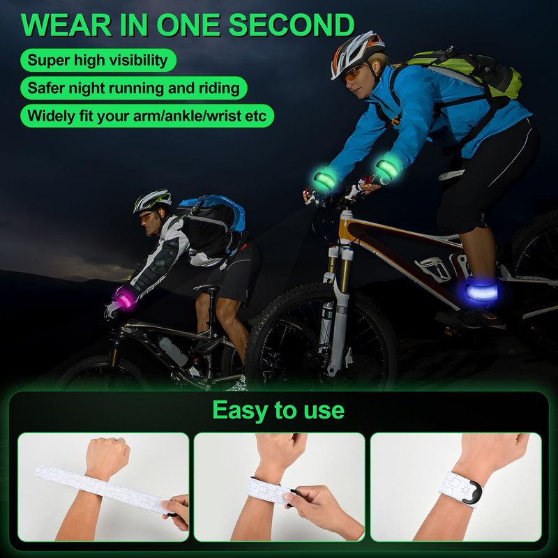 LED Armband Rechargeable for Night Running Walking(2 Pack), High Visibility LED Slap Armband Reflective Running Gear, 6 Colors & 3 Modes Adjustable Light Up Armbands for Men Women Kids (Green)