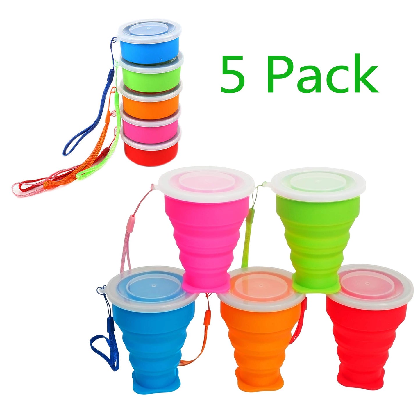 Stouge 5 Pack Silicone Collapsible Cups for Traveling Foldable Camping Cups Collapsible Water Cup Portable Drinking Cups with Lids Collapsible Mug for Outdoor Hiking