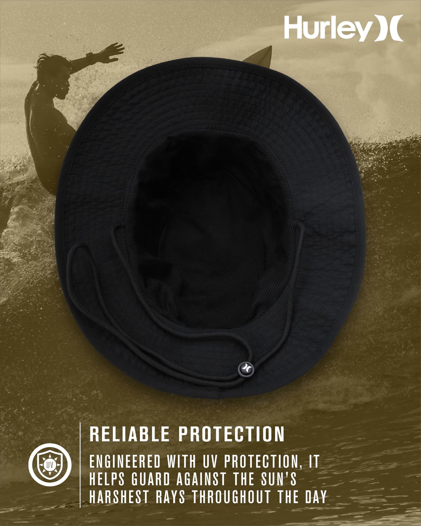 Hurley Men's Boonie Hat - Moisture Wicking and Packable Full Brim Sun Hat UV Protection for Fishing, Hiking, and Safari, Size Small-Medium, Black/White