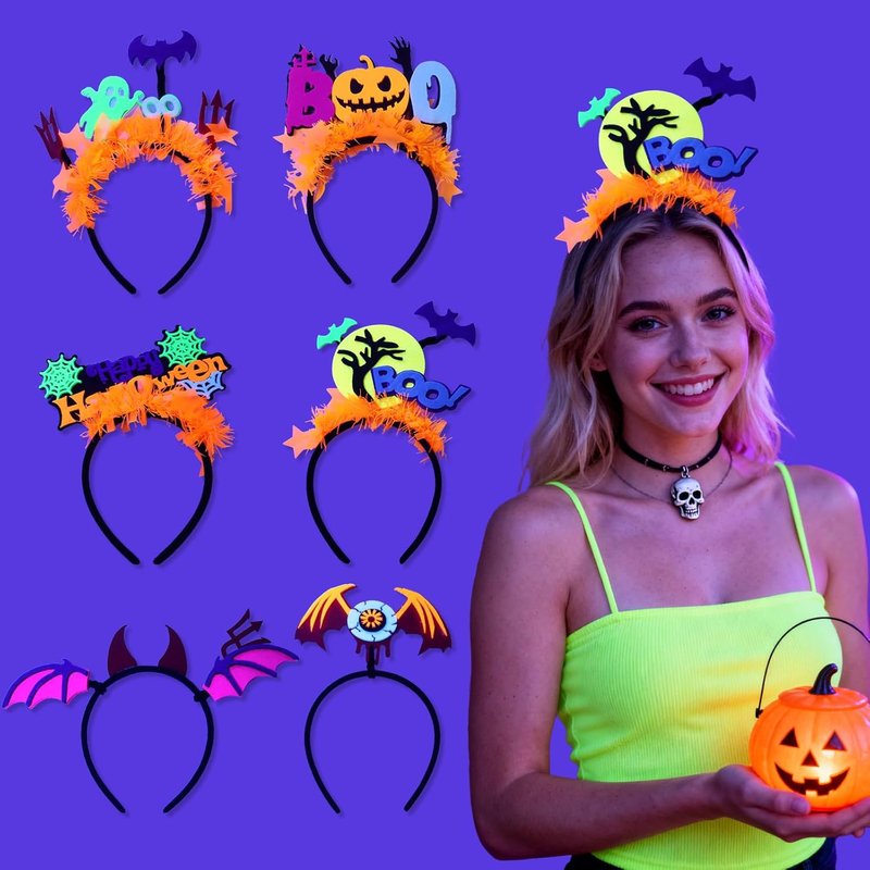 Glow in the Dark Halloween Headpieces - 6pcs Pumpkin, Bat, Ghost & Spider Party Accessories | Fun Photo Props