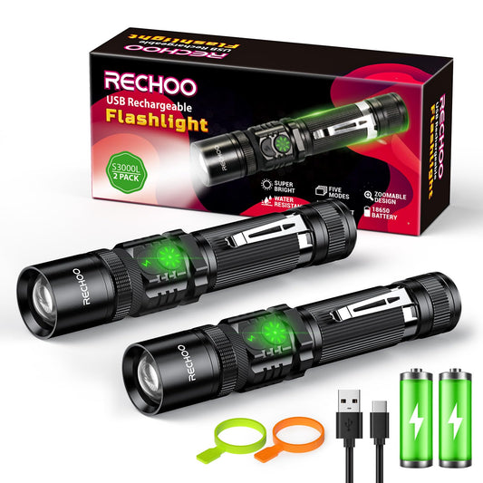 Rechargeable Flashlights 2 Pack, RECHOO High Lumens LED Tactical Flashlight with Double Switch, Small Bright Flash Lights with 5 Modes, Zoomable, IP65 Waterproof for Camping, Hiking, Emergencies