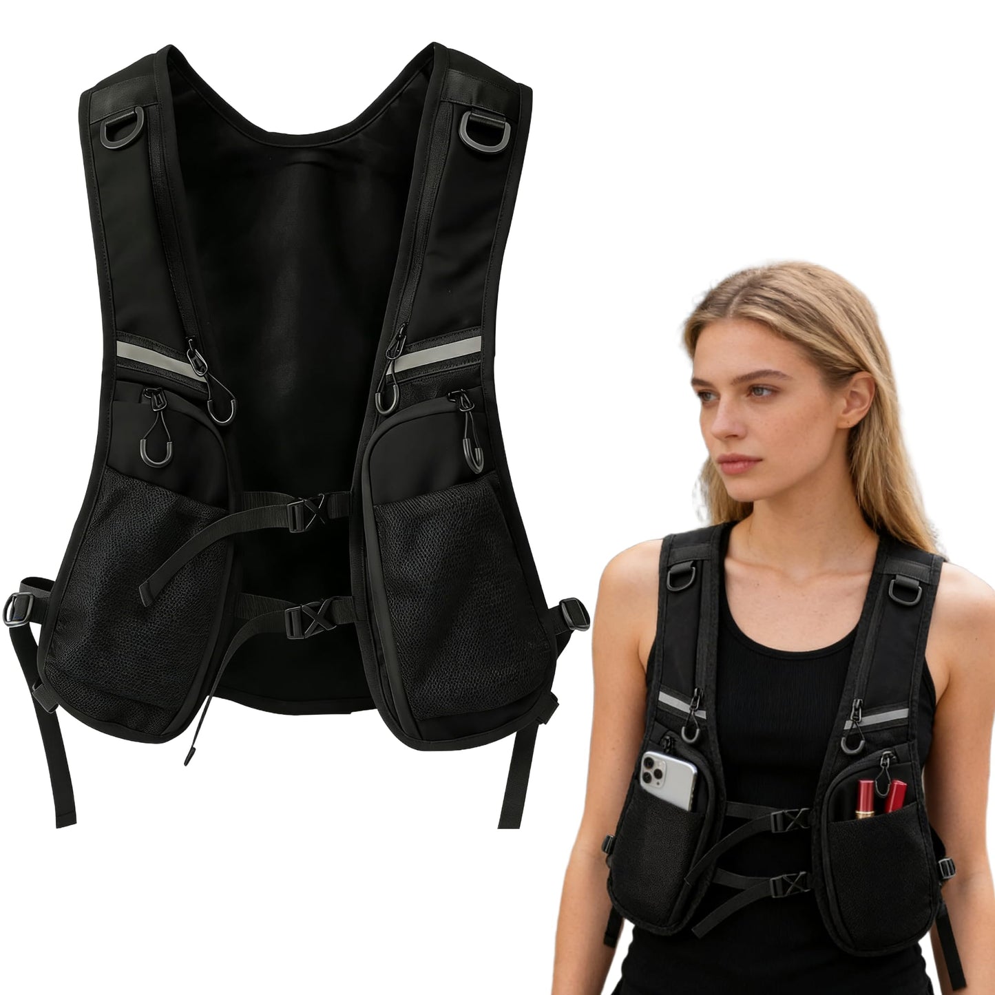 Breathable Reflective Running Vest, Cargo Vest - Men Women Outdoor Pack Multi-Pocket Breathable for Cycling Hiking Rave Running Fishing Black