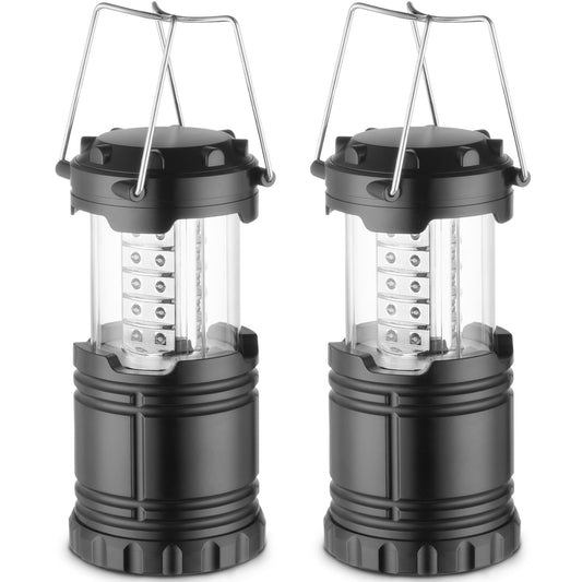 Mata1-USA LED Camping Lanterns (Black, 2 Pack), Emergency Lights for Power Outages, Long-Lasting Battery-Powered Lights w/ 3 Adjustable Brightness Levels, Collapsible Lamps for Indoor & Outdoor Use