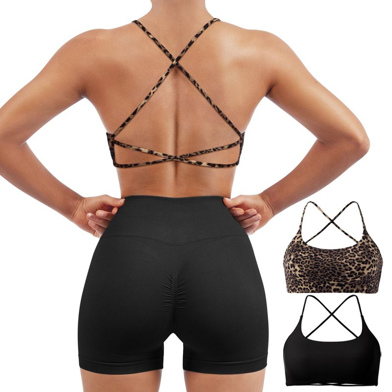 SUUKSESS Women 2 Piece Open Back Sports Bra Pack Strappy Workout Gym Yoga Crops (Cheetah & Black, M)