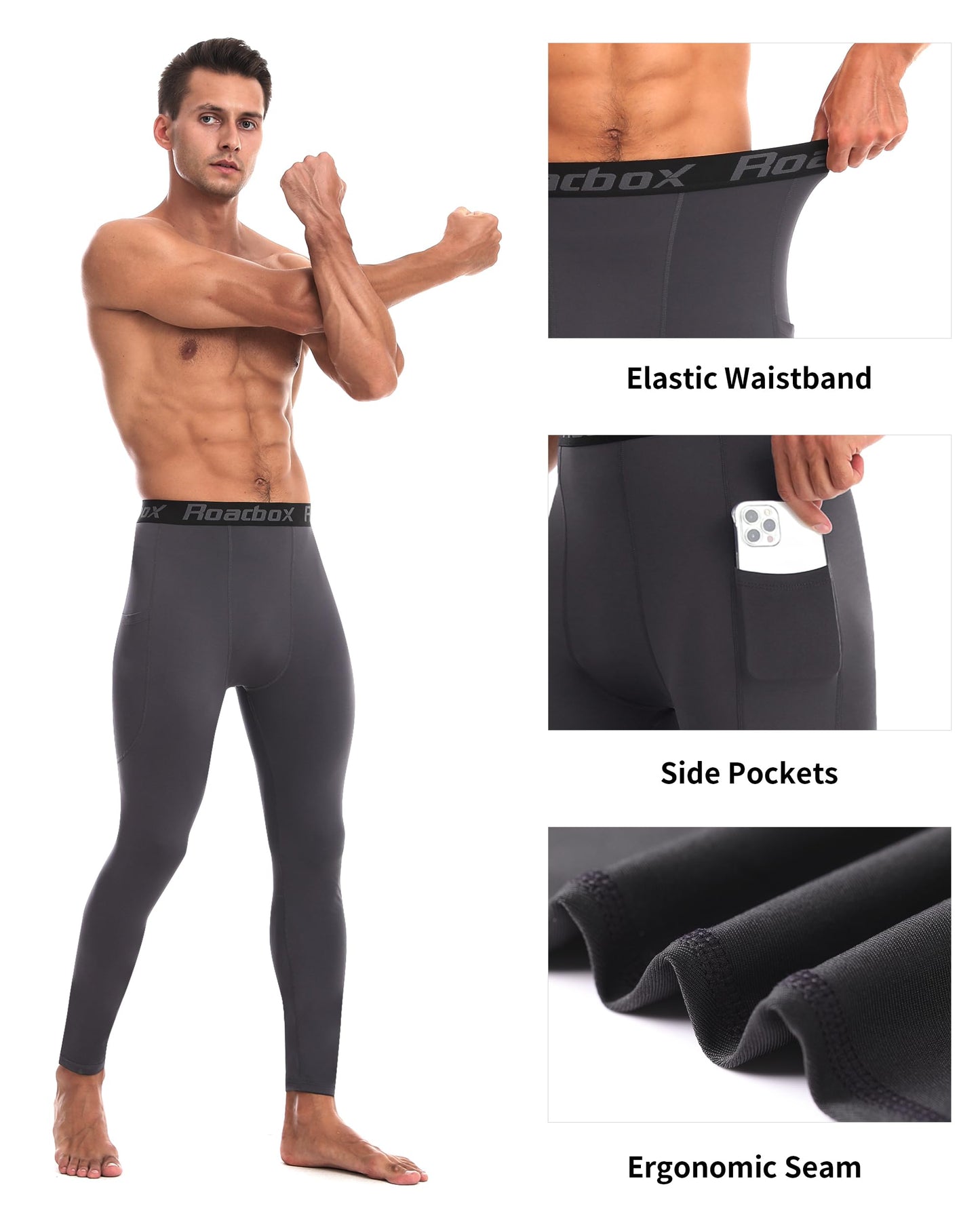 Roadbox Men's Thermal Compression Pants, Fleece Lined Running Tights with Pockets, Ski Leggings Athletic Base Layer Bottoms Dark Gray