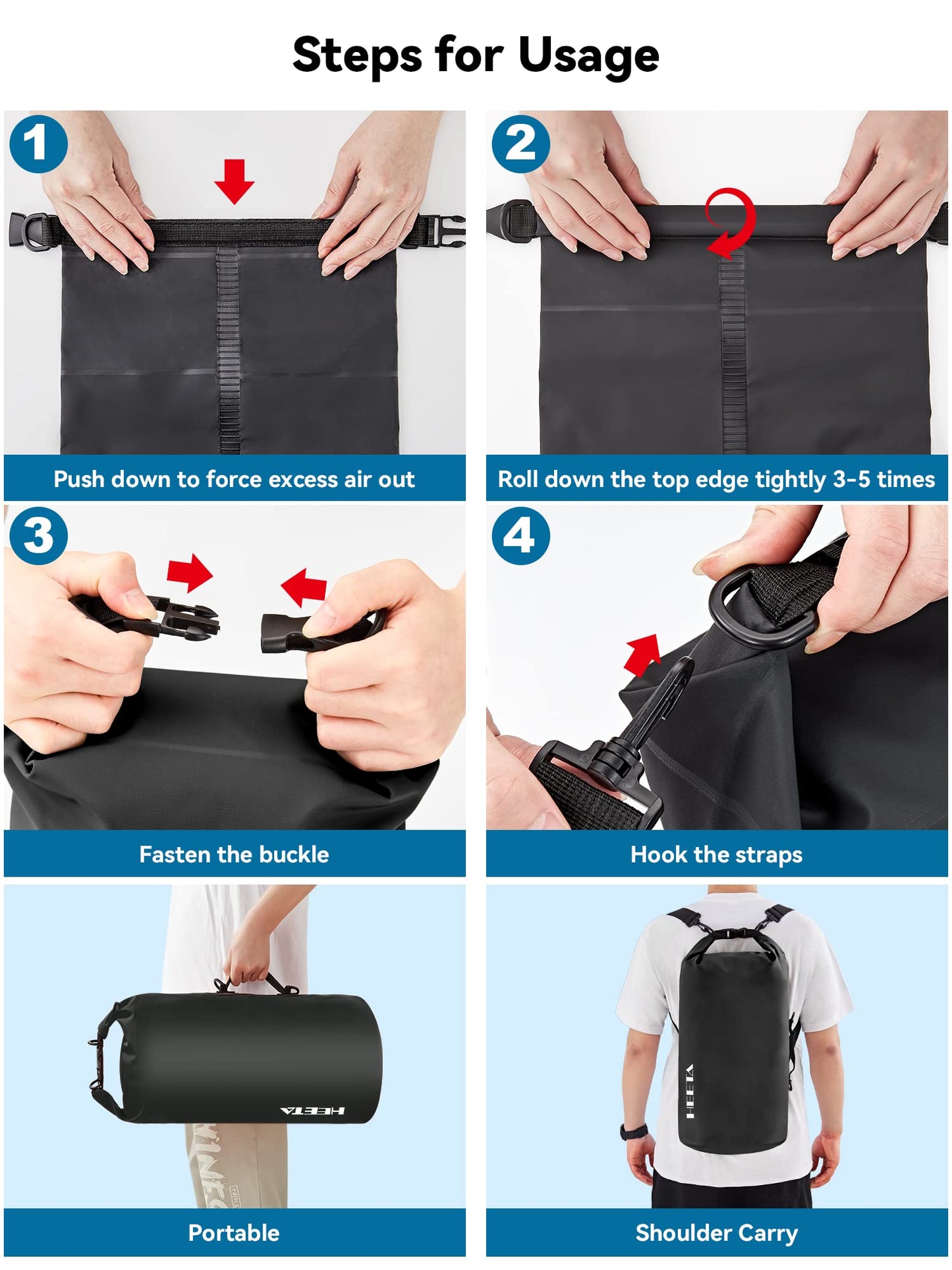 HEETA Waterproof Dry Bag for Women Men, Roll Top Lightweight Dry Storage Bag Backpack with Emergency Whistle for Travel, Kayaking, Boating, Camping, Beach, Cruise Ship Essentials (Black, 30L)