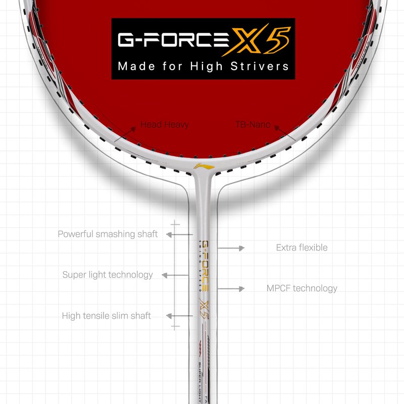 Li-Ning G-Force X5 Carbon Fibre Badminton Racket with Free Full Cover(82 Grams, 28 Lbs) (White::Red)