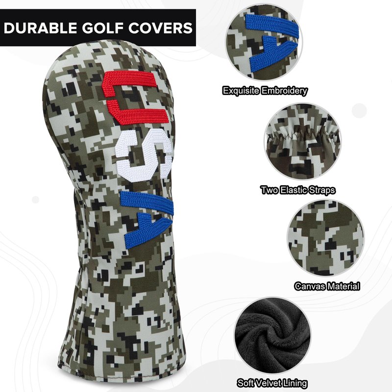 Golf Club Head Covers, Camouflage USA Design Golf Driver Covers, Fairway Wood and Hybrid Head Covers with Interchangeable Tags, Durable Canvas Material Golf Club Covers (Hybrid)