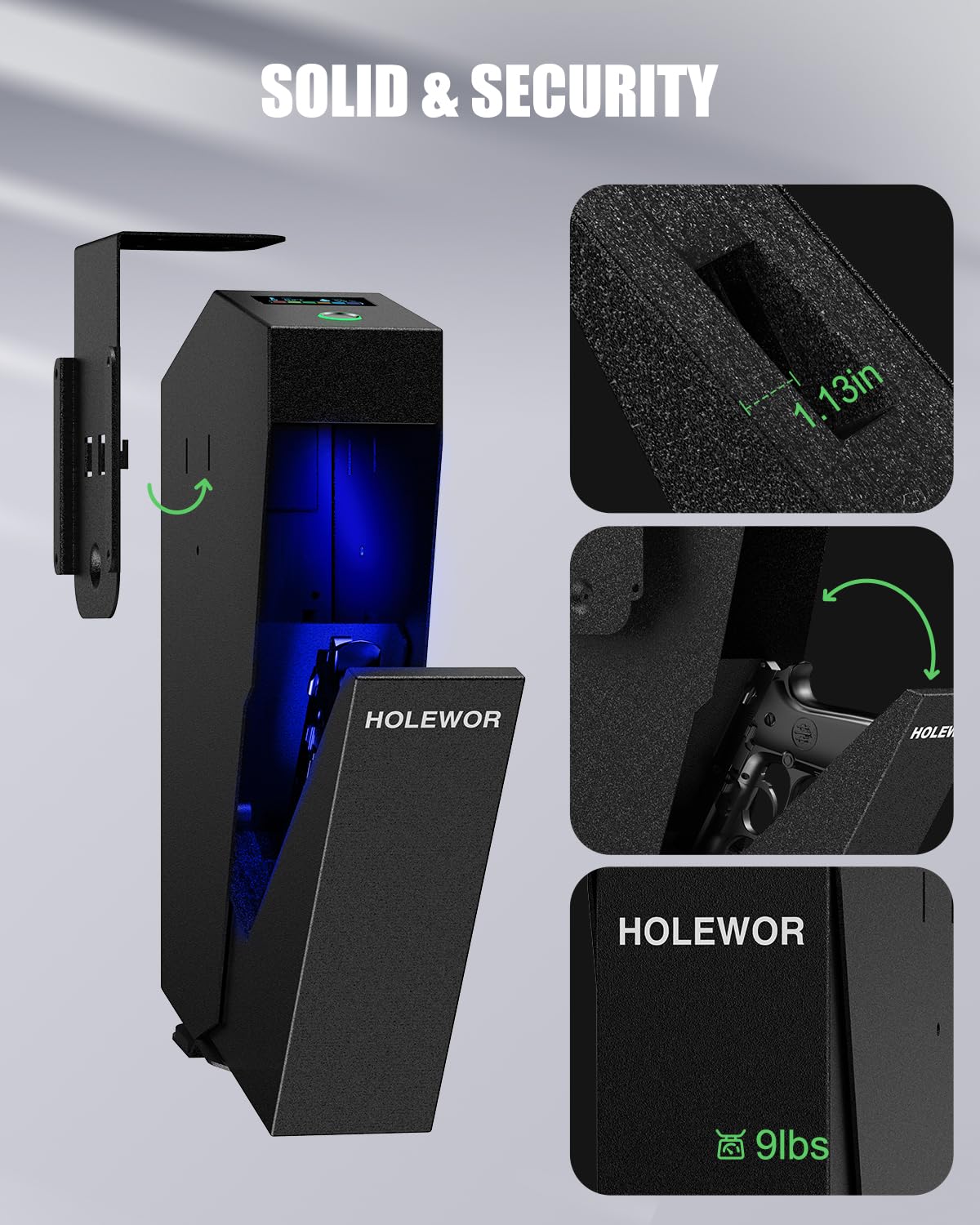 HOLEWOR Gun Safe, Biometric Pistol Safe Fingerprint Quick Access Drop Down Handgun Safe Mount Bedside Gun Safe for Desk Nightstand Car