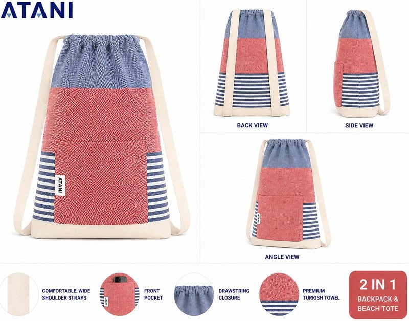 ATANI Turkish Beach Towel - Oversized 100% Cotton Quick-Dry Travel Blanket | 71x39 Inches, Red & Navy Blue
