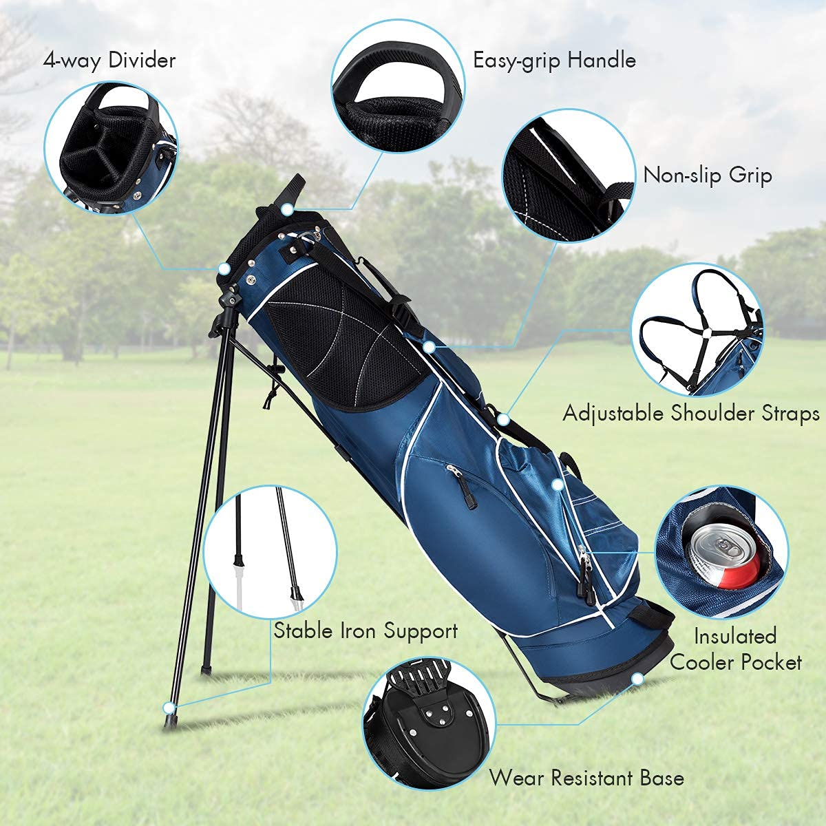Salches Golf Stand Bag, Portable Golf Bag w/3 Way Dividers & 4 Pockets, Organized Stand Bag for Easy Storage (Blue)