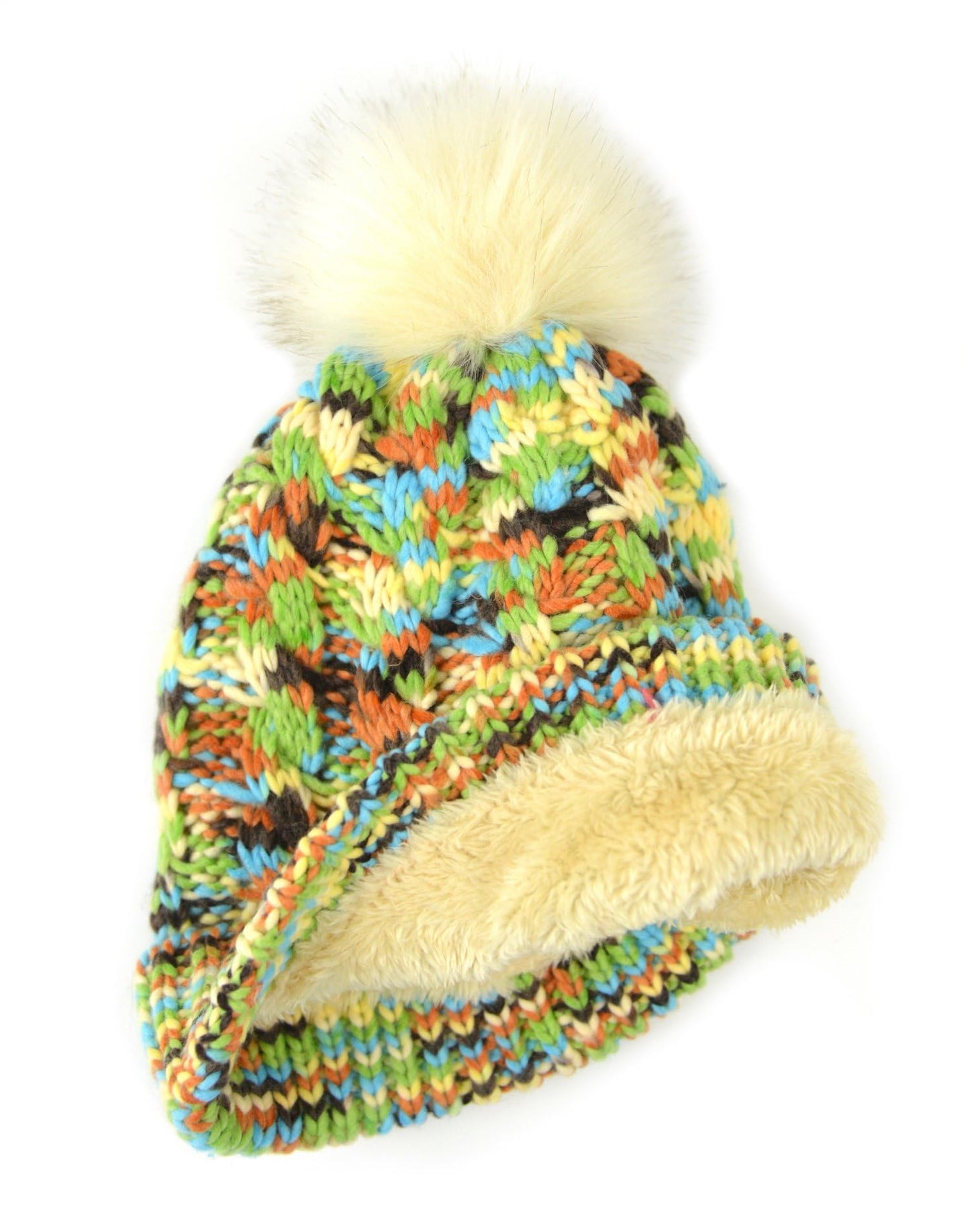 BRUCERIVER Women Winter Chunky Knit Beanie Hat Sherpa Lined with FauxFur Pom Pom (Green)