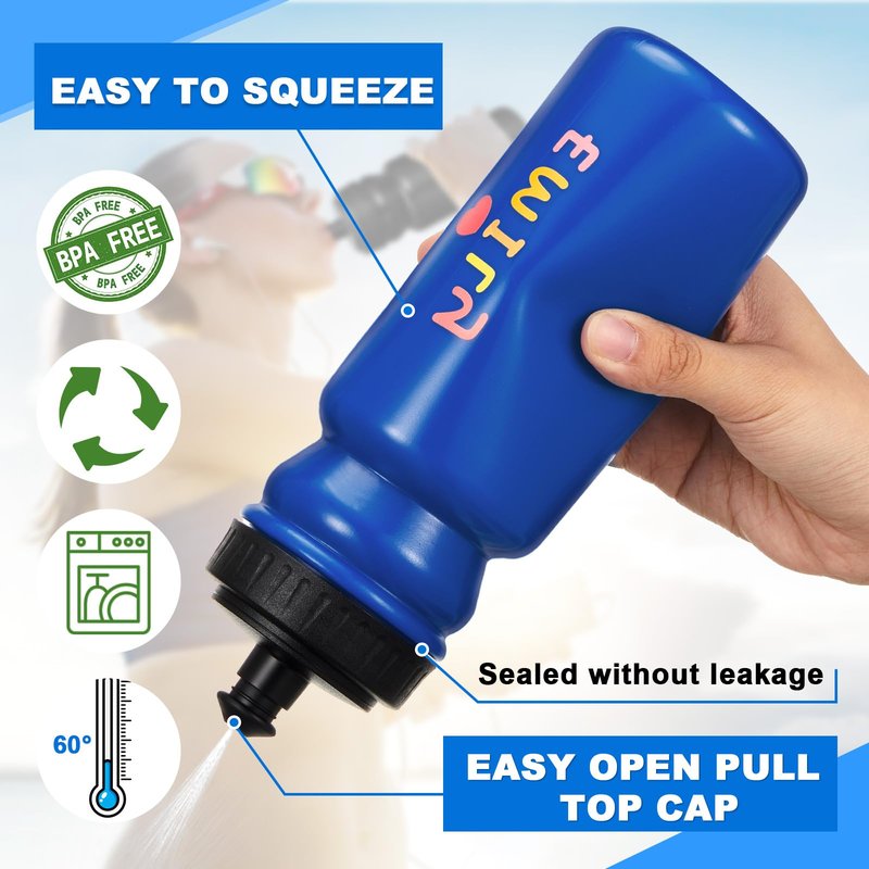 Suclain Water Bottle Carrier with 20 Oz Bottles and Stickers Plastic Wide Mouth Sports Water Bottle Squeeze Team Bottles with Black Lid for Fitness Bike Gym(7 Pcs,Dark Blue)