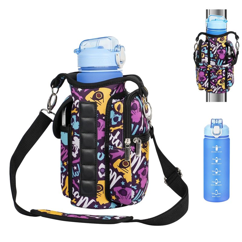 Panmout Magnetic Gym Bag with 27 oz Gym Bottle, Water Bottle Holder Pouch Carrier Bag with Adjustable Strap, Side Pockets, for Outdoor Workout (Pattern)