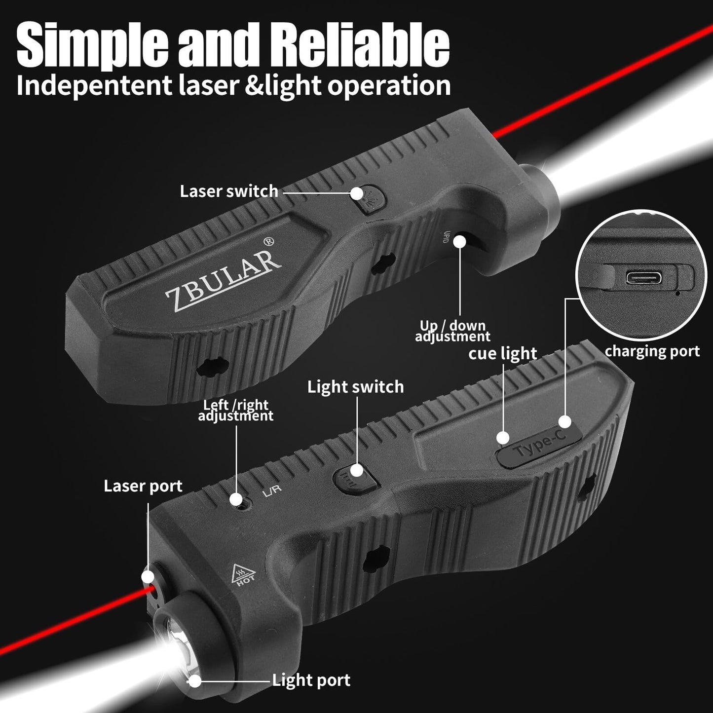 ZBULAR 1650 Lumens Strobe Function,Light Laser Combo, Flashlight and Red Laser Sight,High Real Lumen,USB-C Rechargeable IIIA Class Laser Power Output ≤5mW