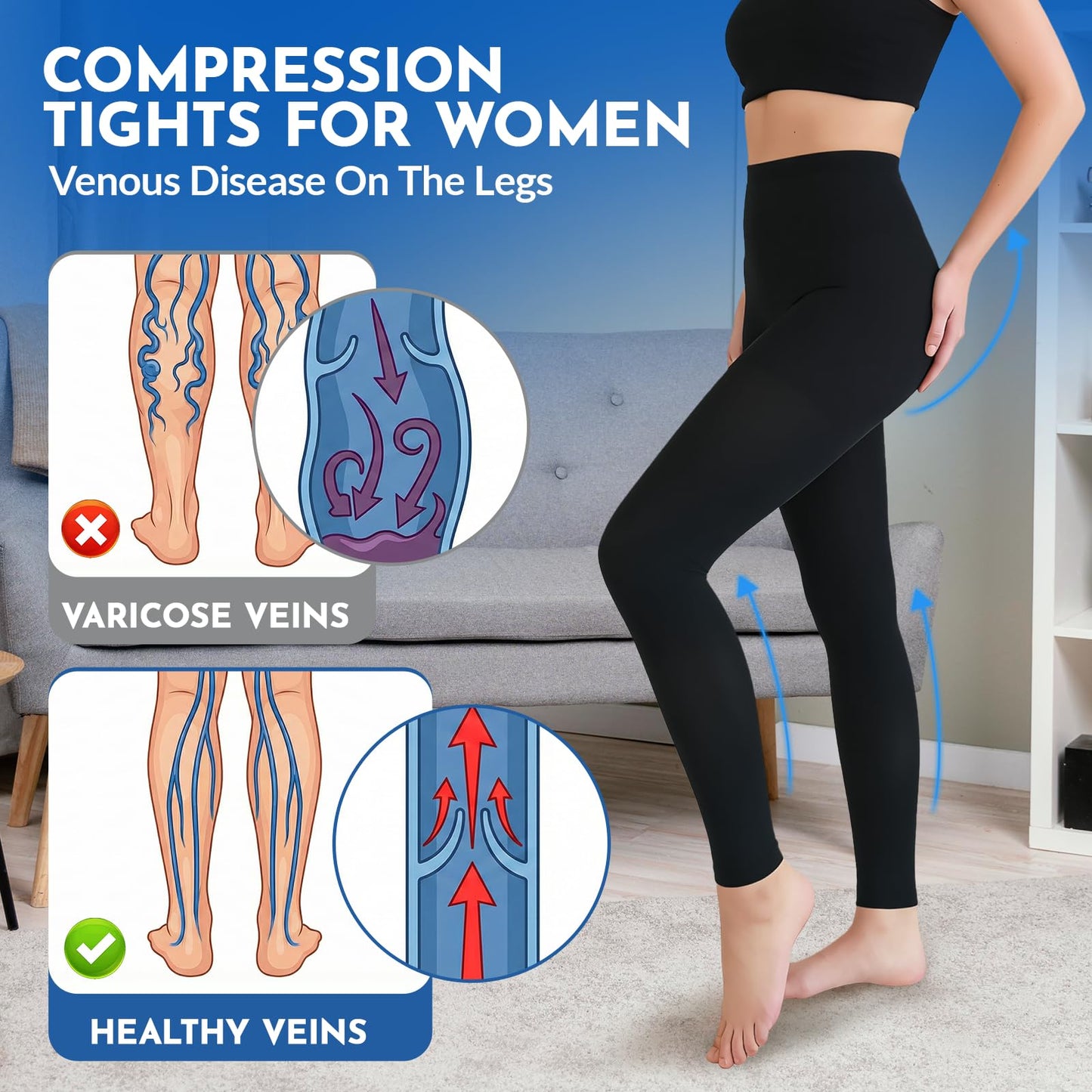 Compression Tights Women, 20-30mmHg Graduated Support Compression Pantyhose Footless Medical Compression Stockings High Waist Compression Leggings for Varicose Veins, Edema, DVT(Black, X-Large)