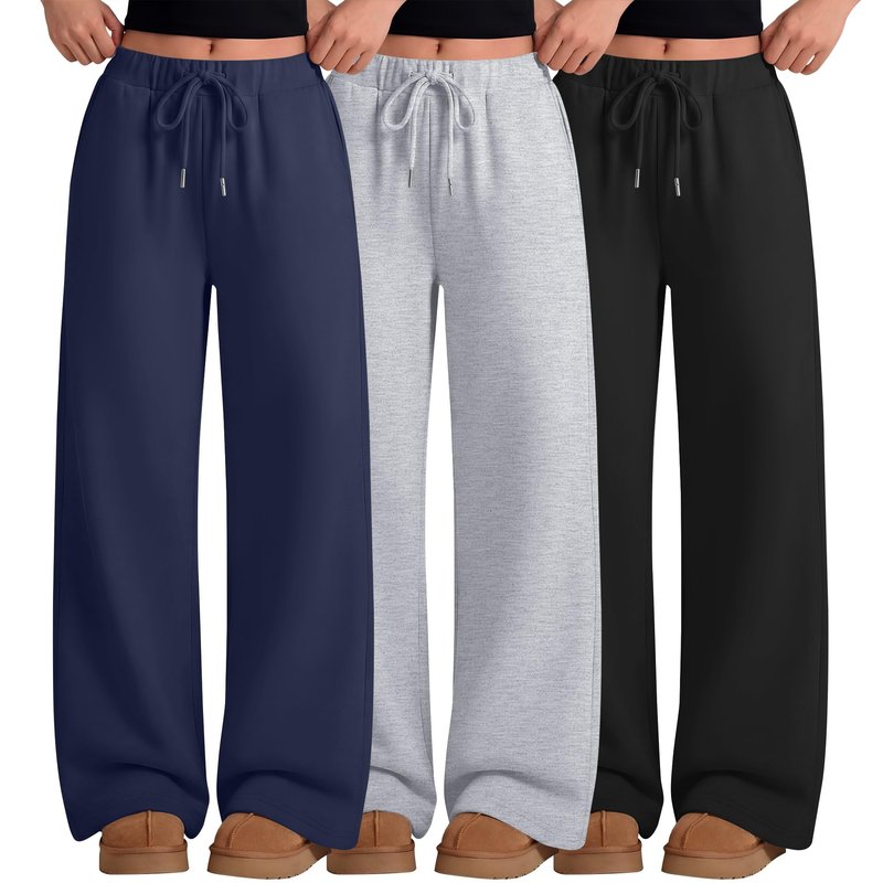 LessonZoo 3 Pack Girls Wide Leg Sweatpants Kids Drawstring High Waist Baggy Pants Teen Athletic Trousers with Pockets(Navy Blue, Light Gray, Black,13-14 Years)