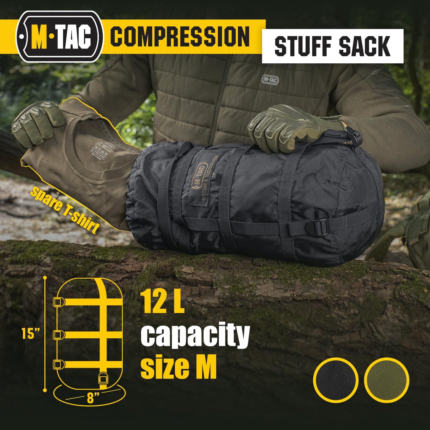 M-Tac Compression Stuff Sack for Sleeping Bag Military Water Resistant Compression Bag Lightweight Nylon Compression Sack for Travel, Camping, Hiking, Outdoor (Olive, L - 24 Liters)
