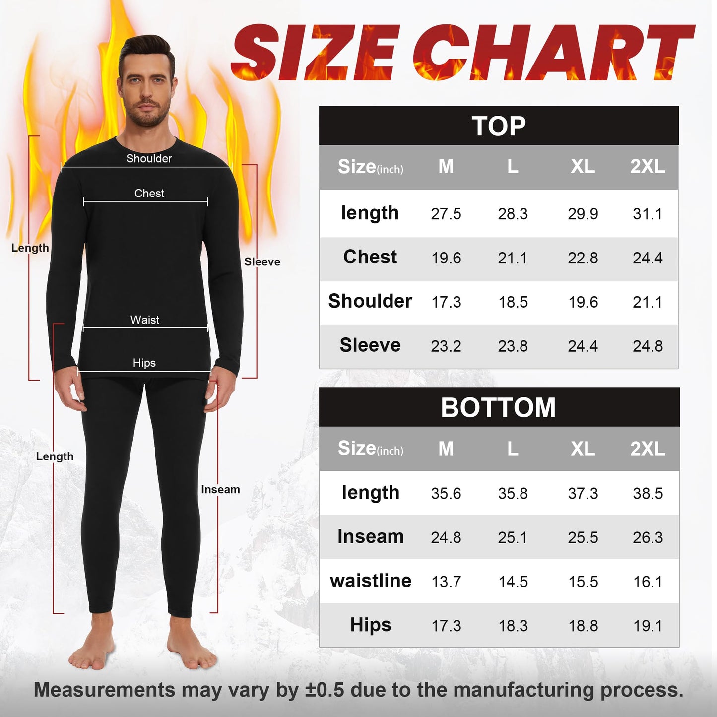 OBFUN Thermal Underwear for Men Long Johns Set - Fleece Lined Base Layer for Cold Weather Winter Clothes Black Large