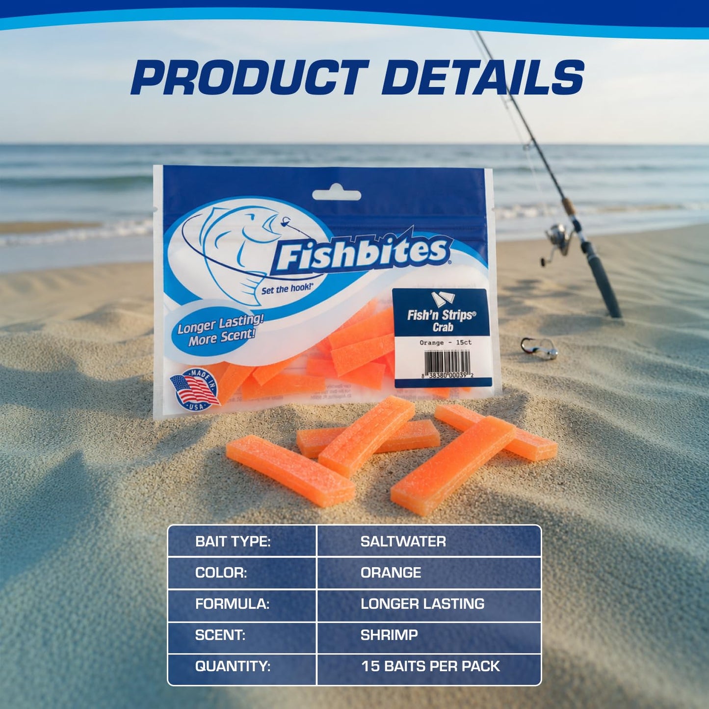 FishBites Fish'n Strips Shrimp Fishing Bait, Orange