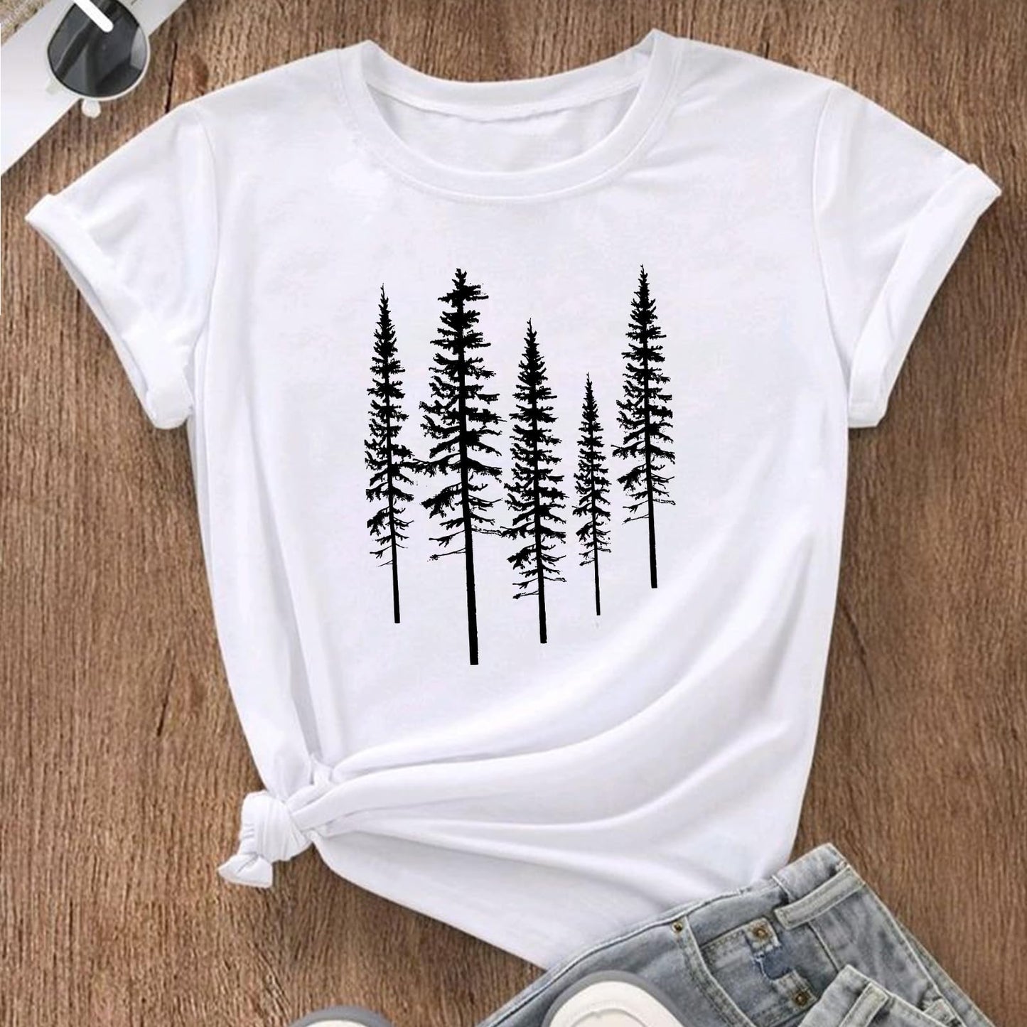 Graphic Tees for Women Casual Workout Graphic T-Shirt Skinny Pine Tree Nature Camping Funny Shirts Athletic Comfort Clothes(XL,White)