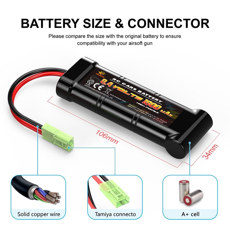 melasta 8.4V NIMH Flat Airsoft Battery Pack w/Mini Tamiya Connector 1800mAh 8.4V Battery Compatible with Airsoft Guns MP5, Scar, M249, M240B, M60, G36, M14, RPK, PKM