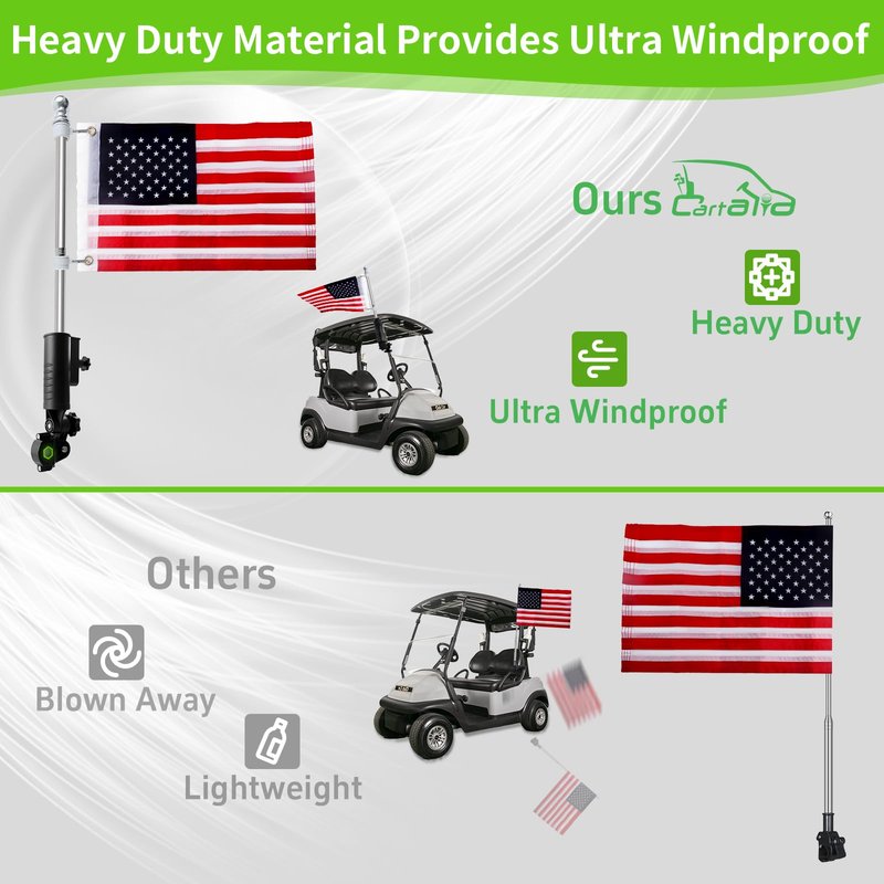 Cartalia Golf Cart Flag Holder and Flag Pole Mount Kit Universal for EZGO Club Car Yamaha, Heavy Duty Bracket for 0.7"-1.4" Round/Oval Square Rails, Golf Push Cart, Boat, Included USA Flags (12"×18")