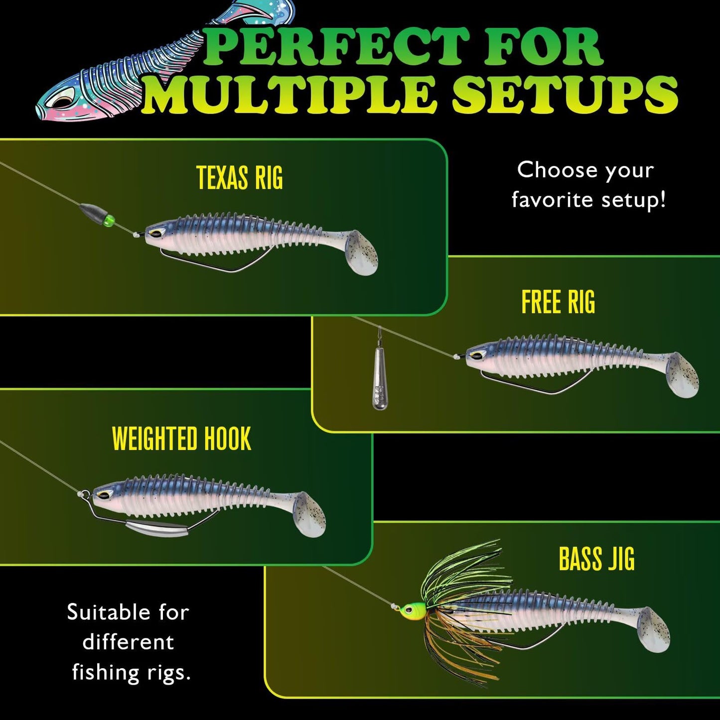 LUCKYFISHING Paddle Tail Swimbaits 10 PCS Fishing Lures Soft Plastic Lures for Trout Crappie Walleye Soft Baits for Bass Fishing Freshwater Saltwater 4.1 Inch