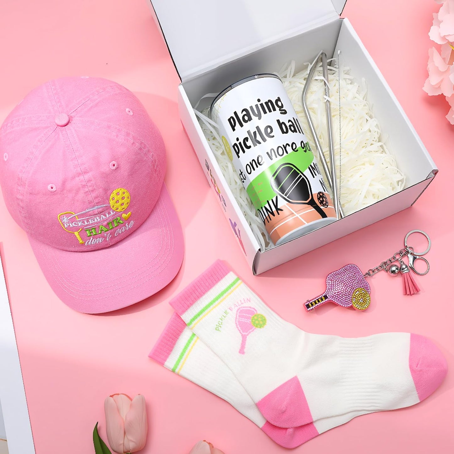 Zhamate Pickleball Hat for Women, Pickleball Accessories with Cotton Baseball Cap Socks Stainless Steel Tumbler for Birthday Christmas Pink