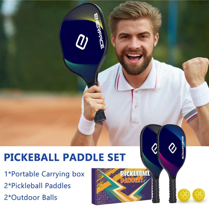 ENERFACE Pickleball Paddles: 2 Wooden Rackets with 2 Balls & Carry Box, Adult, Intermediate, 7.8 x 15.75 Inches, Yellow+Green/Blue+Pink