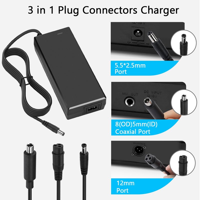 Panamalar 54.6V 2A Electric Bike Charger for 48V E-Bike Lithium Battery, Electric Scooter Power Charger, 3 in 1 Universal Power Adapter Plug for DC Connector with 2.5/2.1mm|8mm 3-Prong|12mm 1-Prong