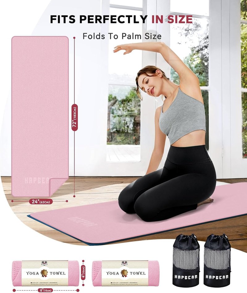 HAPBEAR Hot Yoga Towel - Super-Absorbent Microfiber with Non-Slip Grip Dots | 2 Pack, Pink