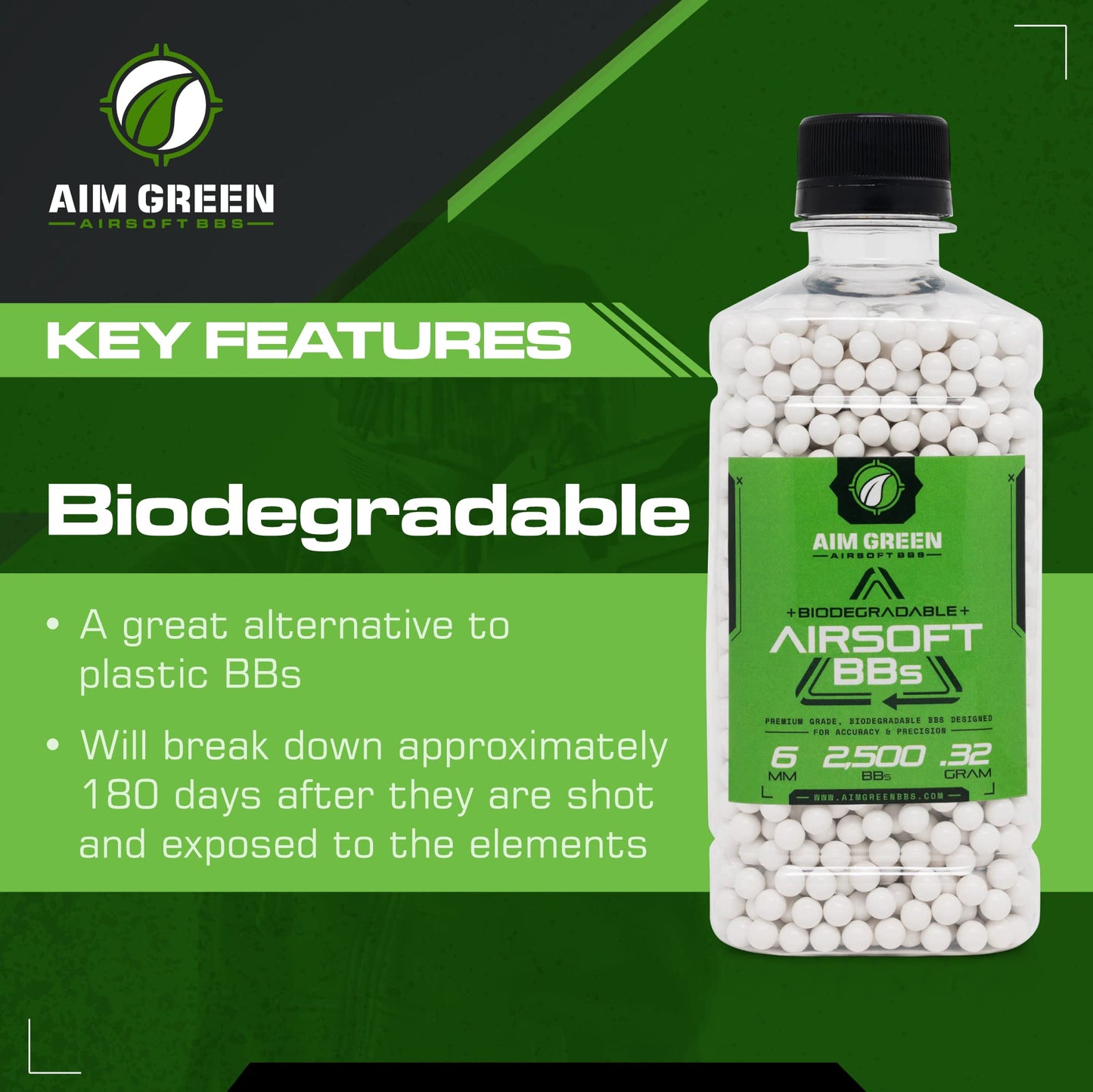 Aim Green Biodegradable Airsoft BBS, Premium-Grade 6mm Airsoft BBS, 20g, 25g, 32g, 36g, 40g, 2,500, 5,000, 10,000 Count