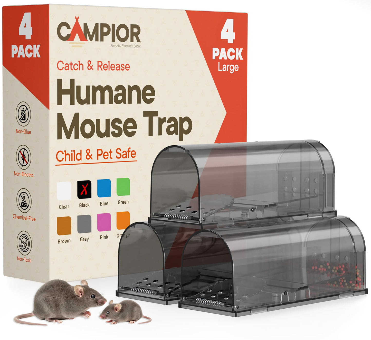Campior Humane Mouse Trap Pack of 4, Live Mouse Traps Catch and Release for Indoors & Outdoors, Pet & Child Safe, 7.87" Reusable Plastic Mouse Cage with Spring Door, Cleaning Brush Included, Black
