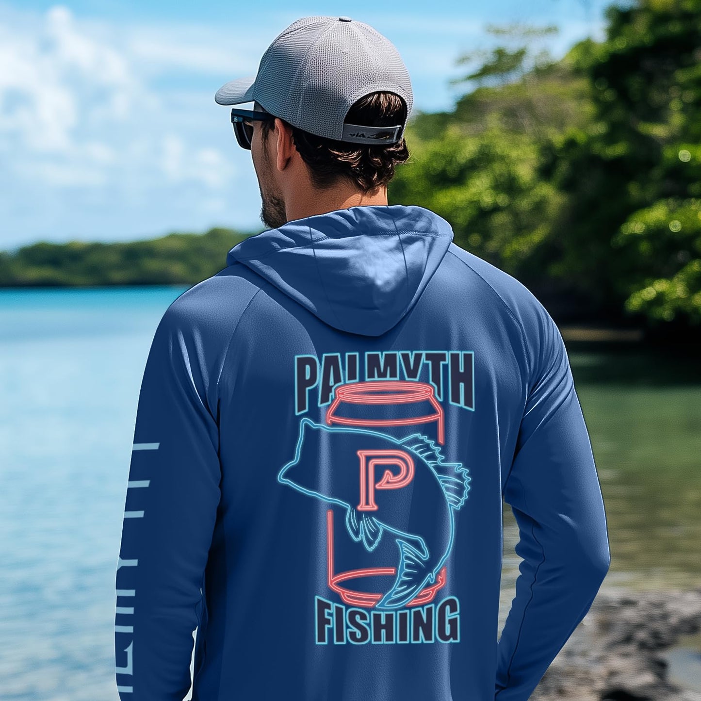 Palmyth Mens Fishing Shirts UV Sun Protection Vented Hoodie Long Sleeve with UPF 50+ Neck Gaiter Navy Ice Bass X-Large