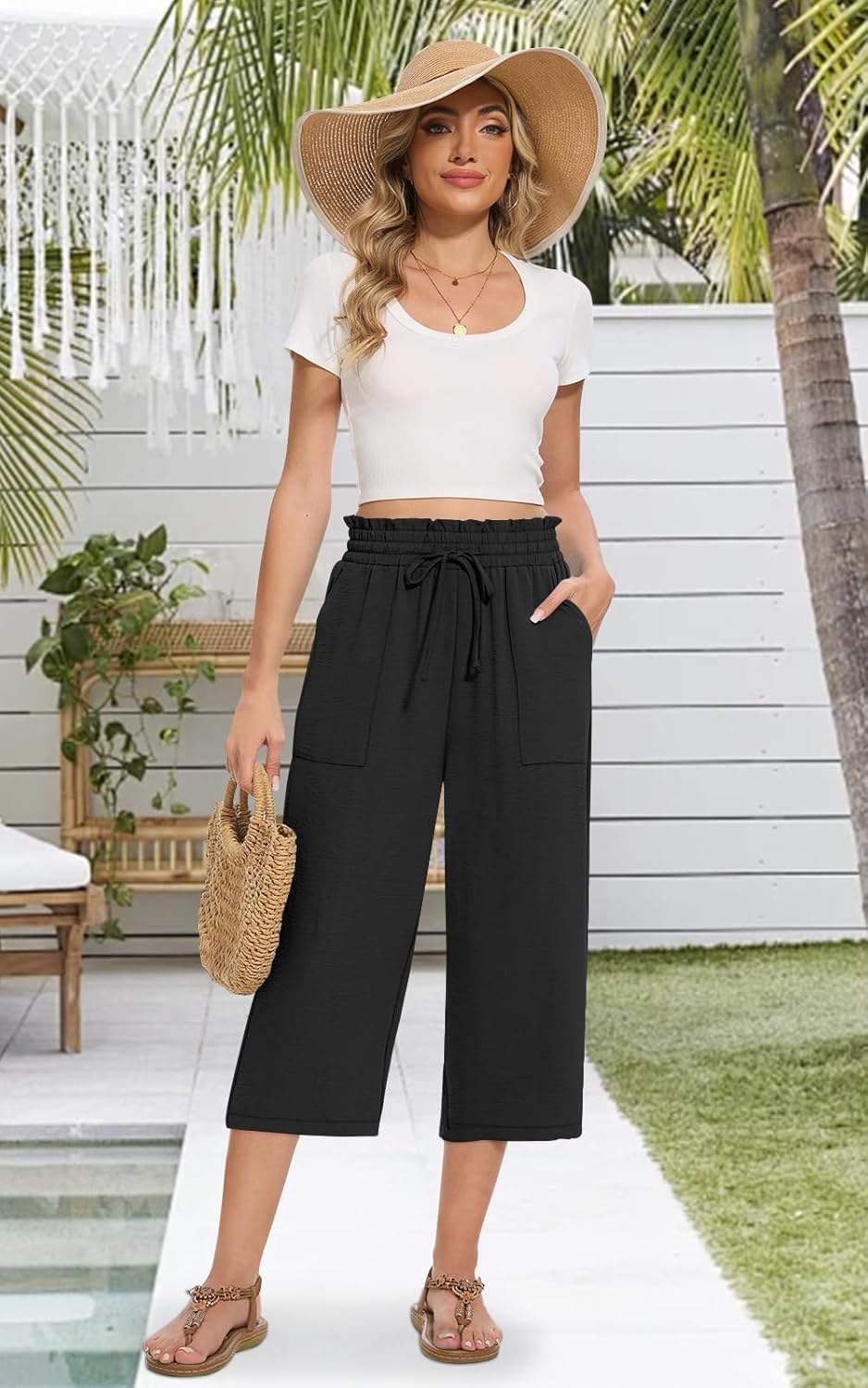 Women's High-Waisted Wide Leg Capri Pants - Casual Drawstring Trousers with Pockets | Summer Style