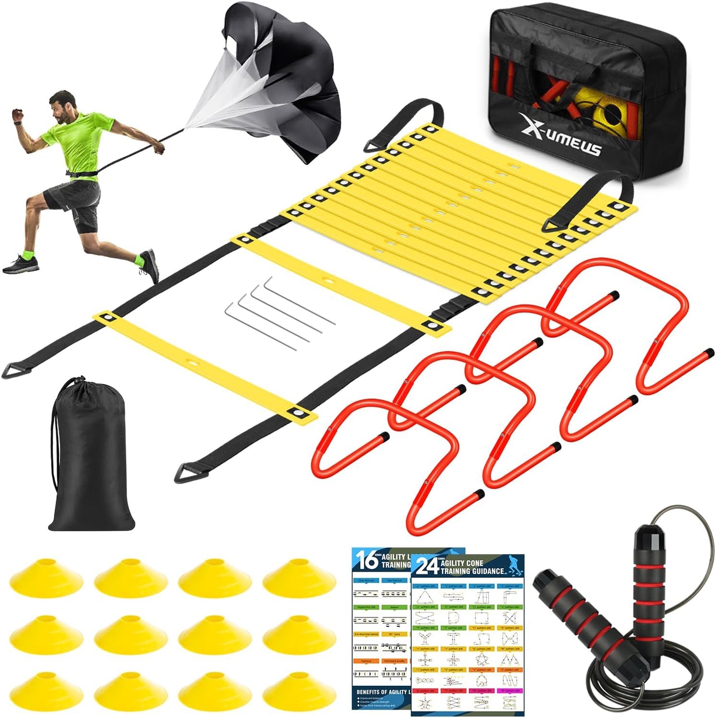 Agility Ladder Speed Training Set - 20ft Ladder, 12 Cones, 4 Hurdles, Jump Rope & Parachute | Ideal for Kids & Adults Soccer, Basketball, Football Training