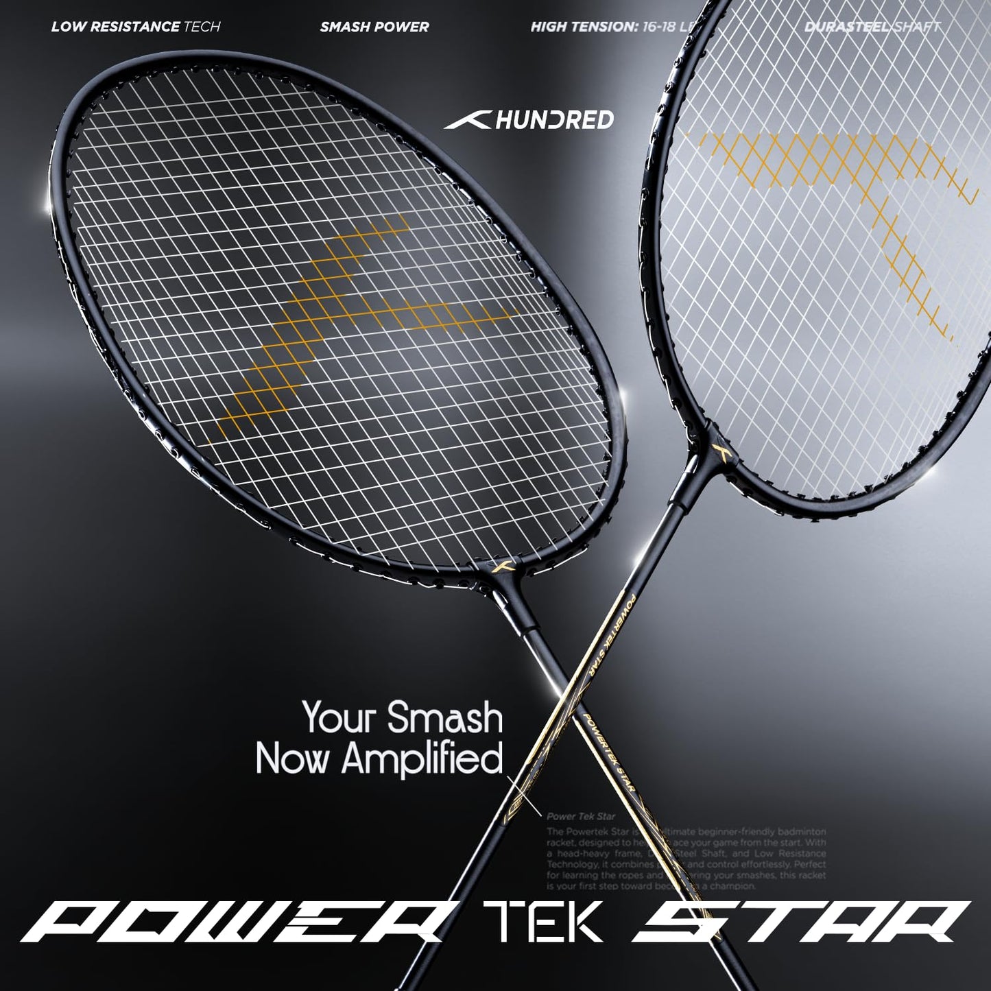 Hundred Powertek Star Badminton Racket Set of 2, Black, Pre-Strung Racquets with Full Cover and 2 Nylon Shuttlecocks, Lightweight and Durable for Beginners and Recreational Play