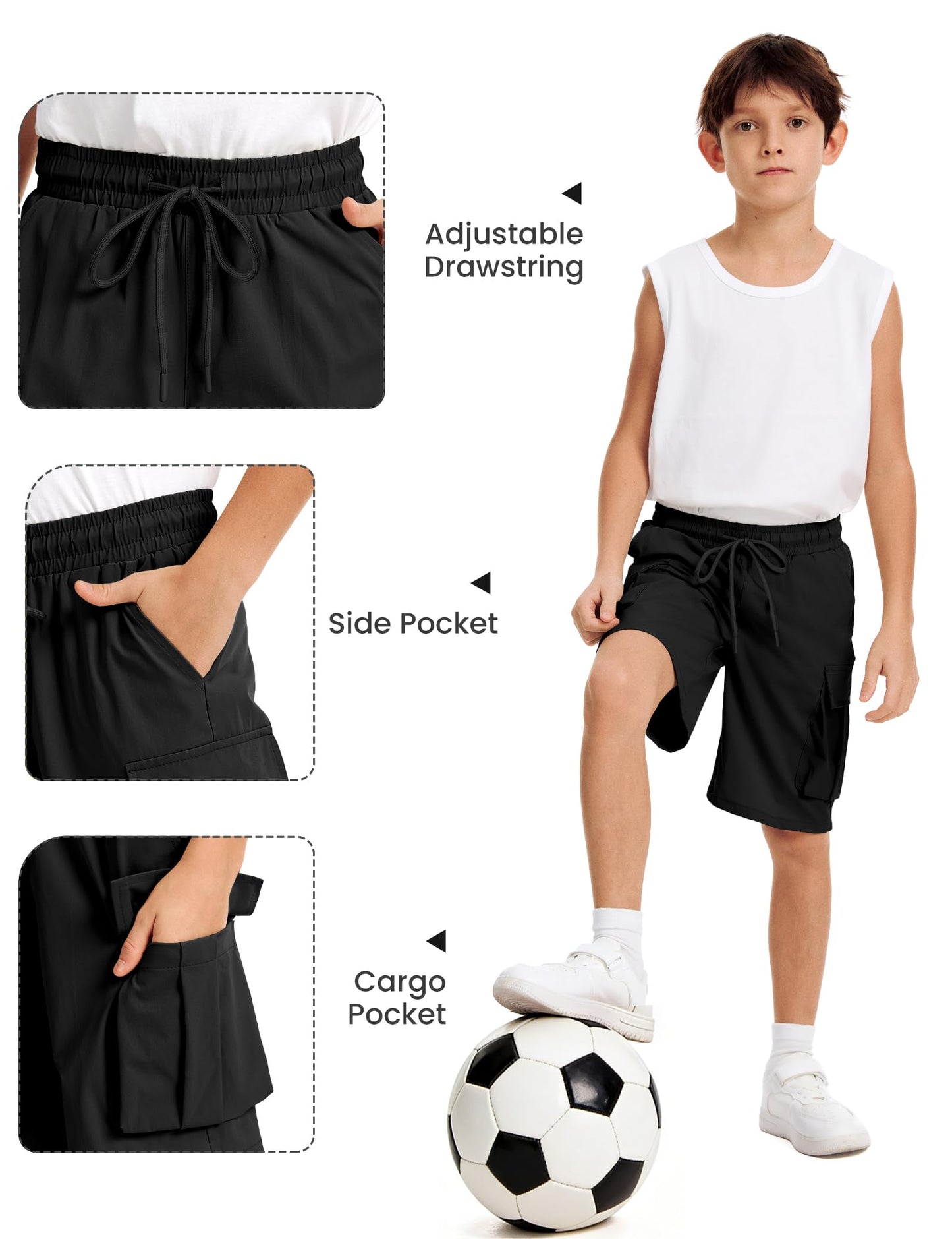 NUMYEAN Boys Cargo Shorts Quick Dry Water Resistant Hiking Short, Black, 9-10Y
