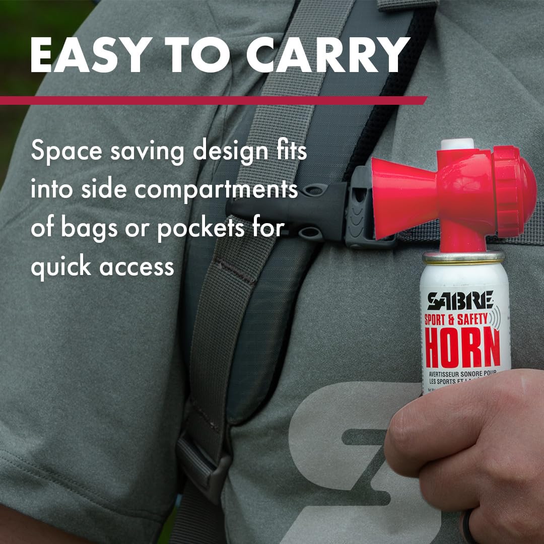 SABRE Sport and Safety Horn, 130 dB Air Horn, 60 ¼ Second or 25 ½ Second Bursts, Audible Up To 1/2-Miles (804-Meters), Perfect for Use at Sporting Events, Boating, Camping, Hiking