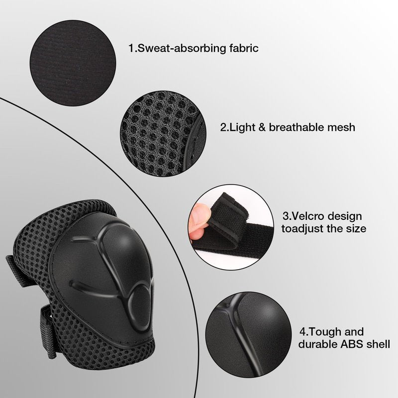 Kids Protective Gear Set - Knee Pads Elbow Pads with Wrist Guards for Ages 3-12 | 3-in-1 Safety Protective Gear for Skating, Cycling, Biking, Roller Skates, Scooters (Black, ‎M(8-12Years))