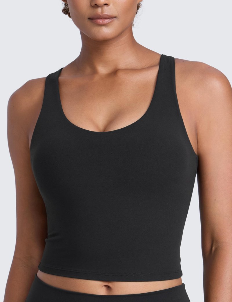 CRZ YOGA Butterlift Racerback Crop Tank Tops for Women - U Neck Yoga Padded Longline Sports Bras Pilates Workout Black Medium