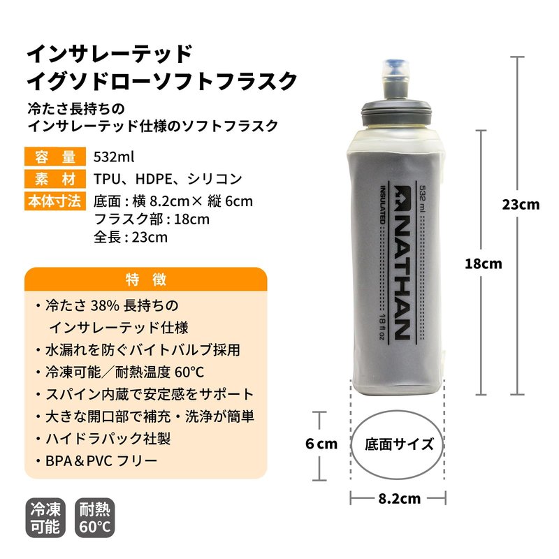 Nathan Insulated Soft Flask, Soft Flask Running Bottle, Hydration Insulated Water Bottle for Hiking, Walking, Exercise, Fits in Vests, 18oz