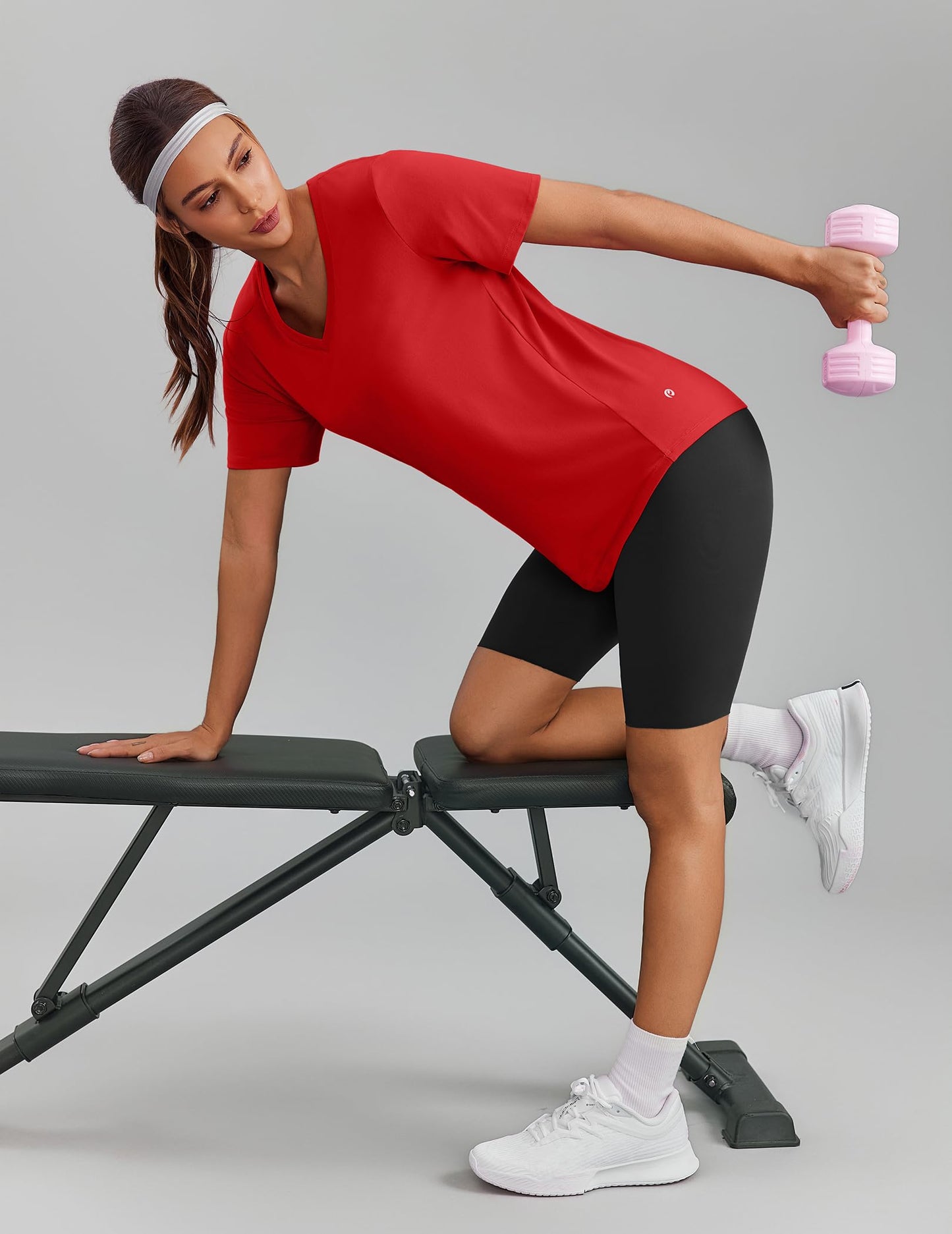 PINSPARK Gym Shirts for Women Short Sleeve V Neck Workout Tops Moisture Wicking Athletic T-Shirts Quick Dry Fitness Exercise,Red Small