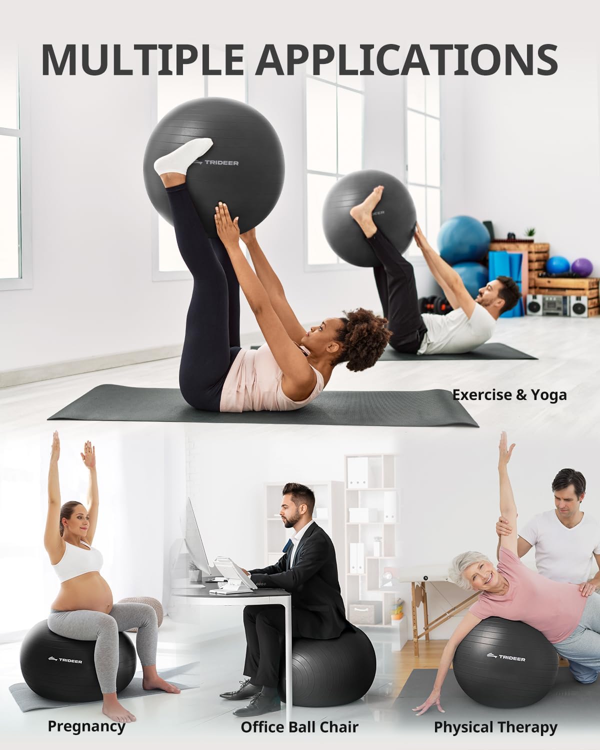 Trideer Yoga Ball - Anti-Burst Exercise & Birthing Ball with 10-Loop Stretch Strap | Ideal for Physical Therapy & Fitness